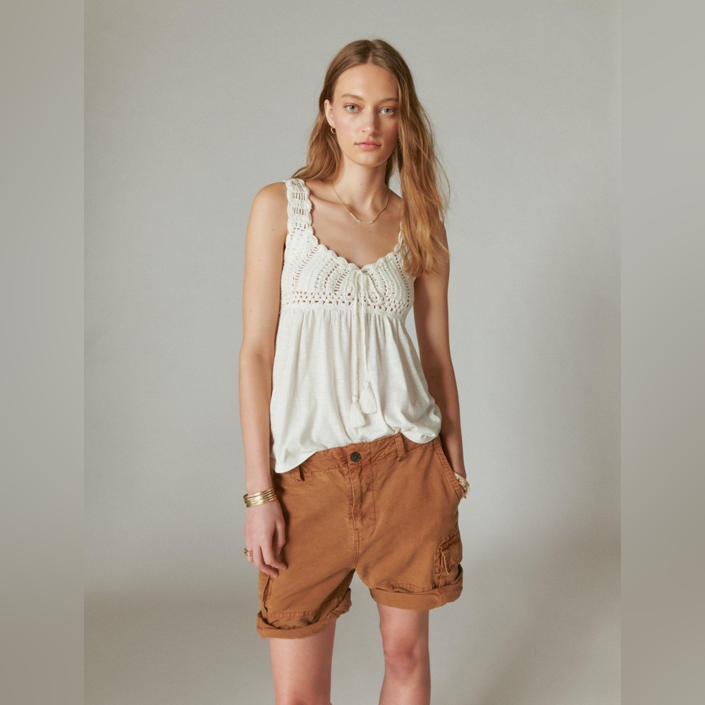 Lucky Brand NWT Crochet Babydoll Tank lace up back tassels bohemian festival